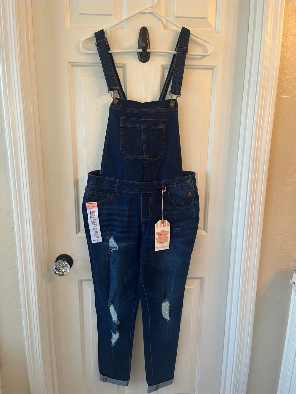 Wax Jean Dark Blue Distressed Women's Denim Overalls